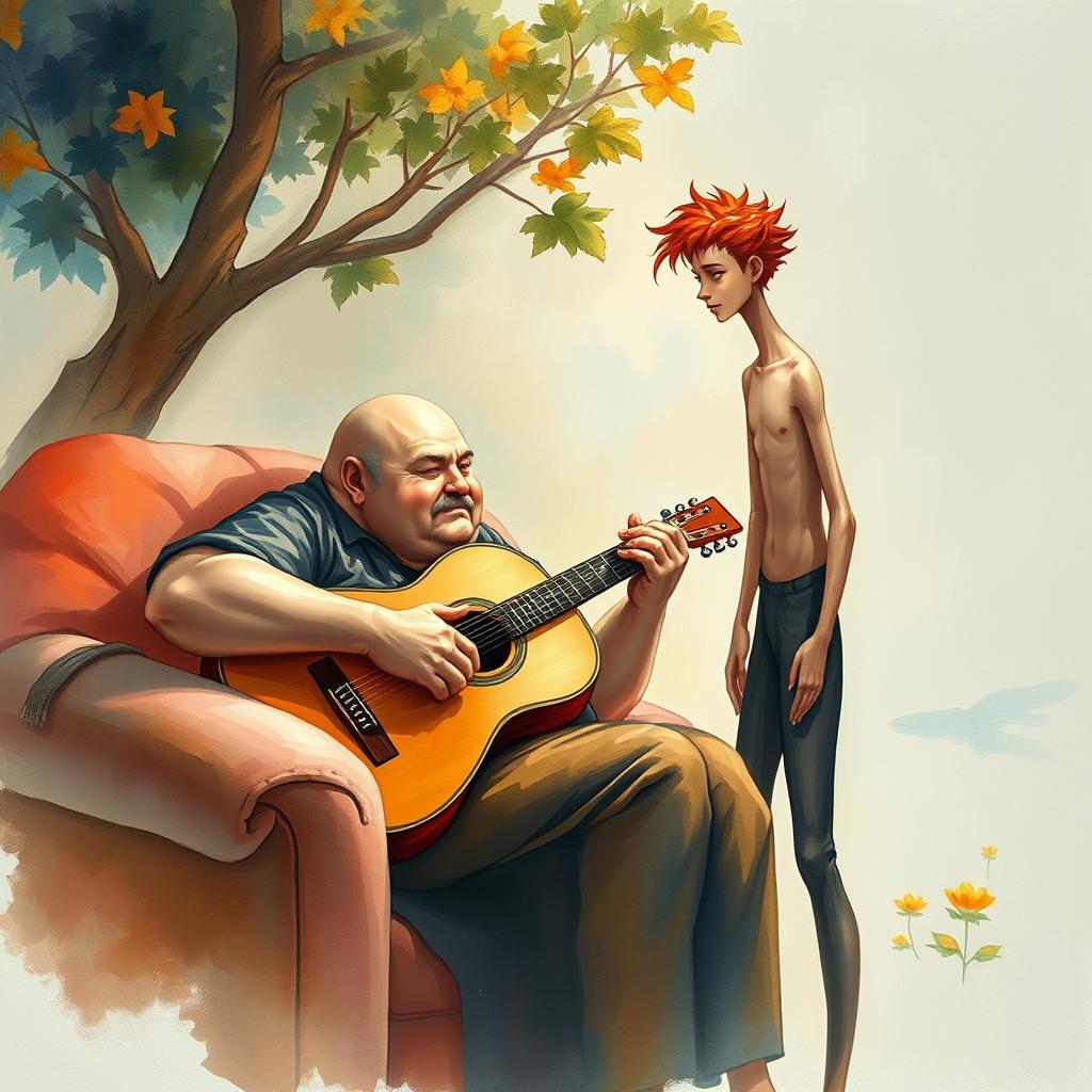 An aquarel artwork featuring a large bald man sitting comfortably while playing a guitar