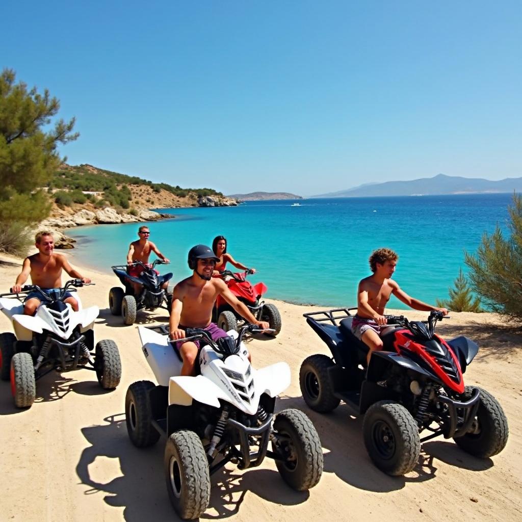 An exhilarating guided quad tour around the stunning Blue Lagoon in Cyprus, featuring six quads moving in a line
