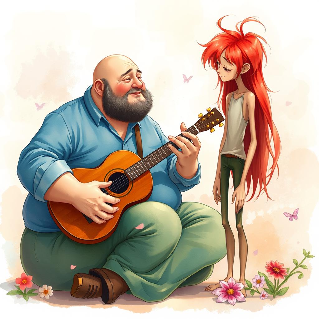 An aquarel artwork depicting a large bald man sitting down, comfortably playing a guitar