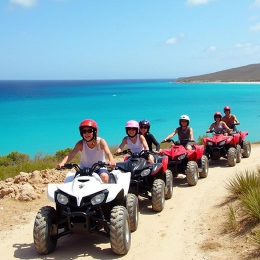 An exhilarating guided quad tour around the picturesque Blue Lagoon in Cyprus, featuring six quads moving in a line