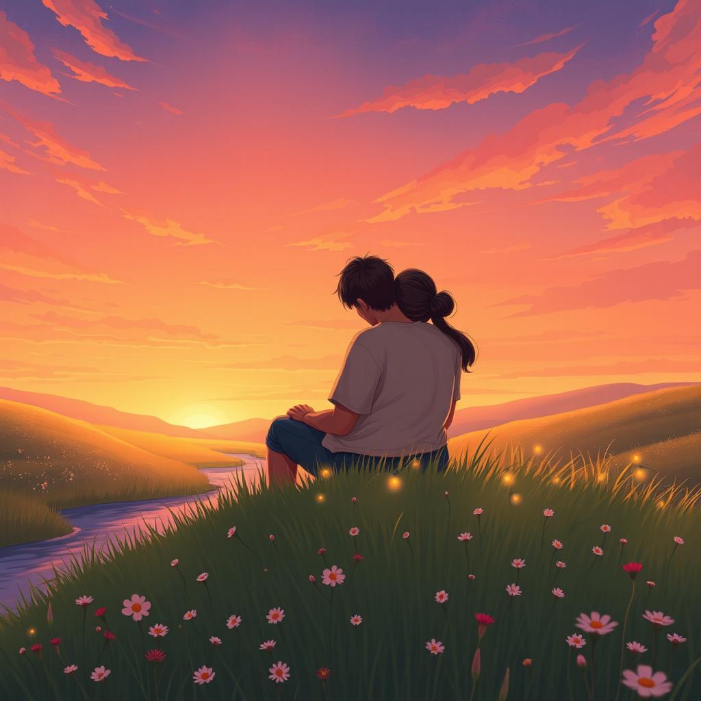 An illustration of a poetic scene depicting a serene landscape during sunset, with an ethereal sky filled with warm tones of orange, pink, and purple