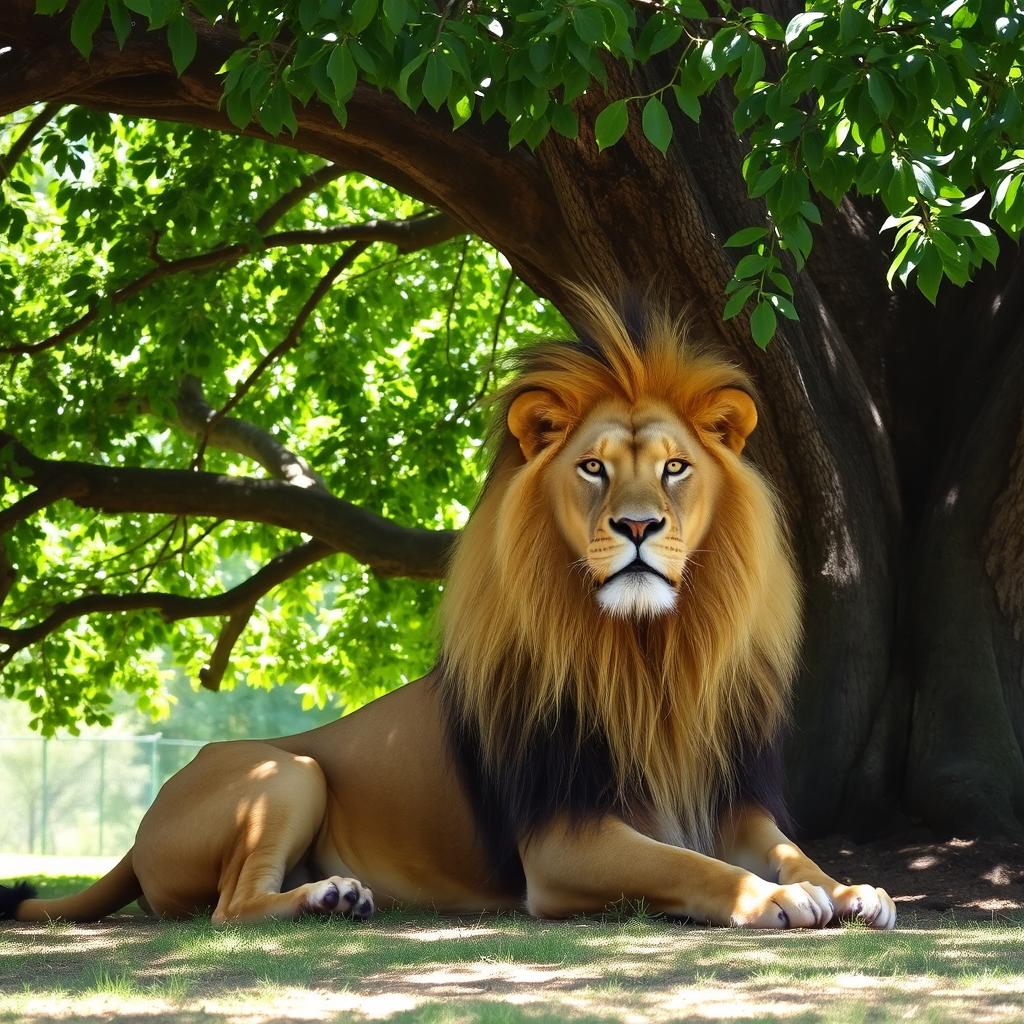A majestic lion sitting peacefully under a large tree, with its mane beautifully flowing in the gentle breeze