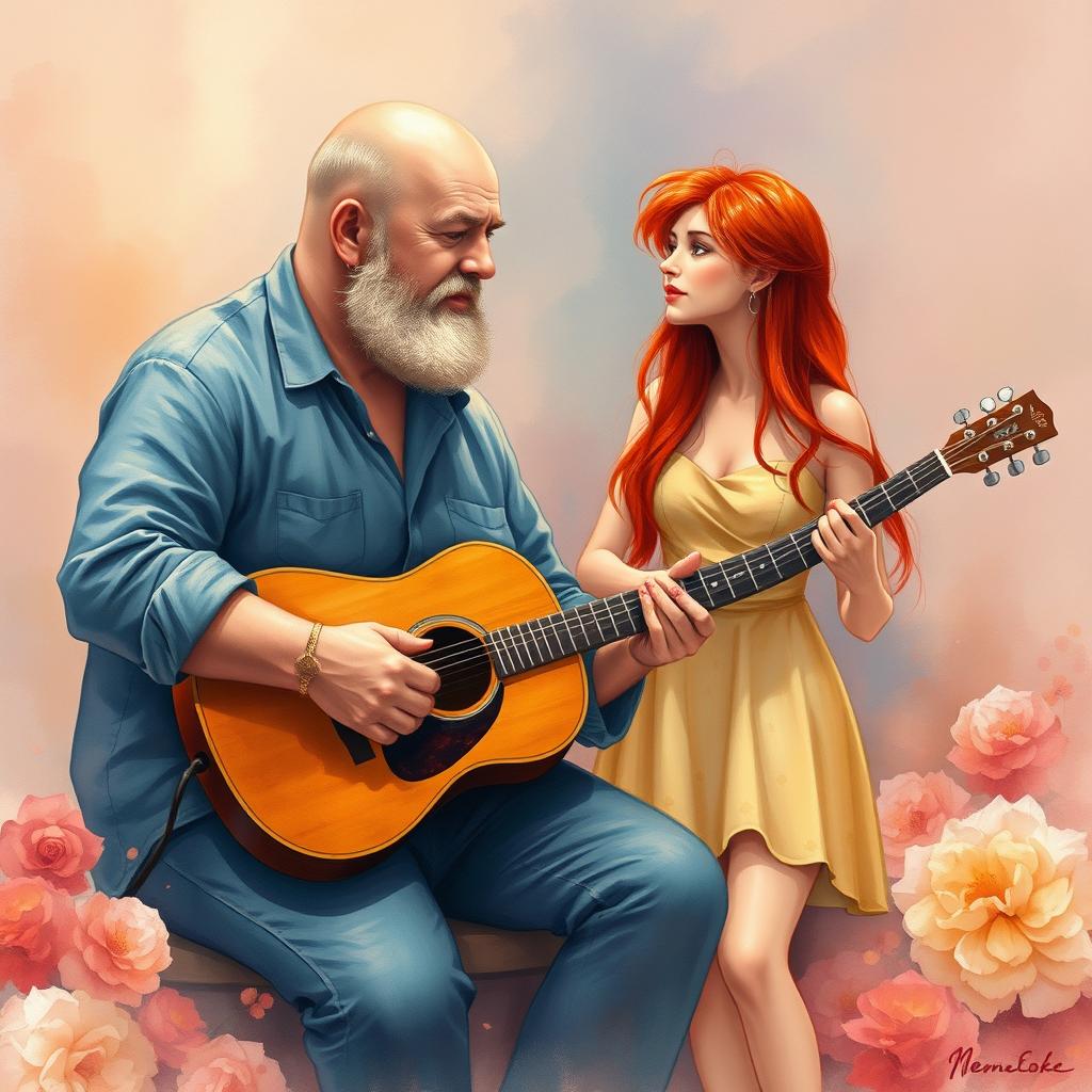 An aquarel artwork portraying a large bald man sitting relaxed while strumming an acoustic guitar