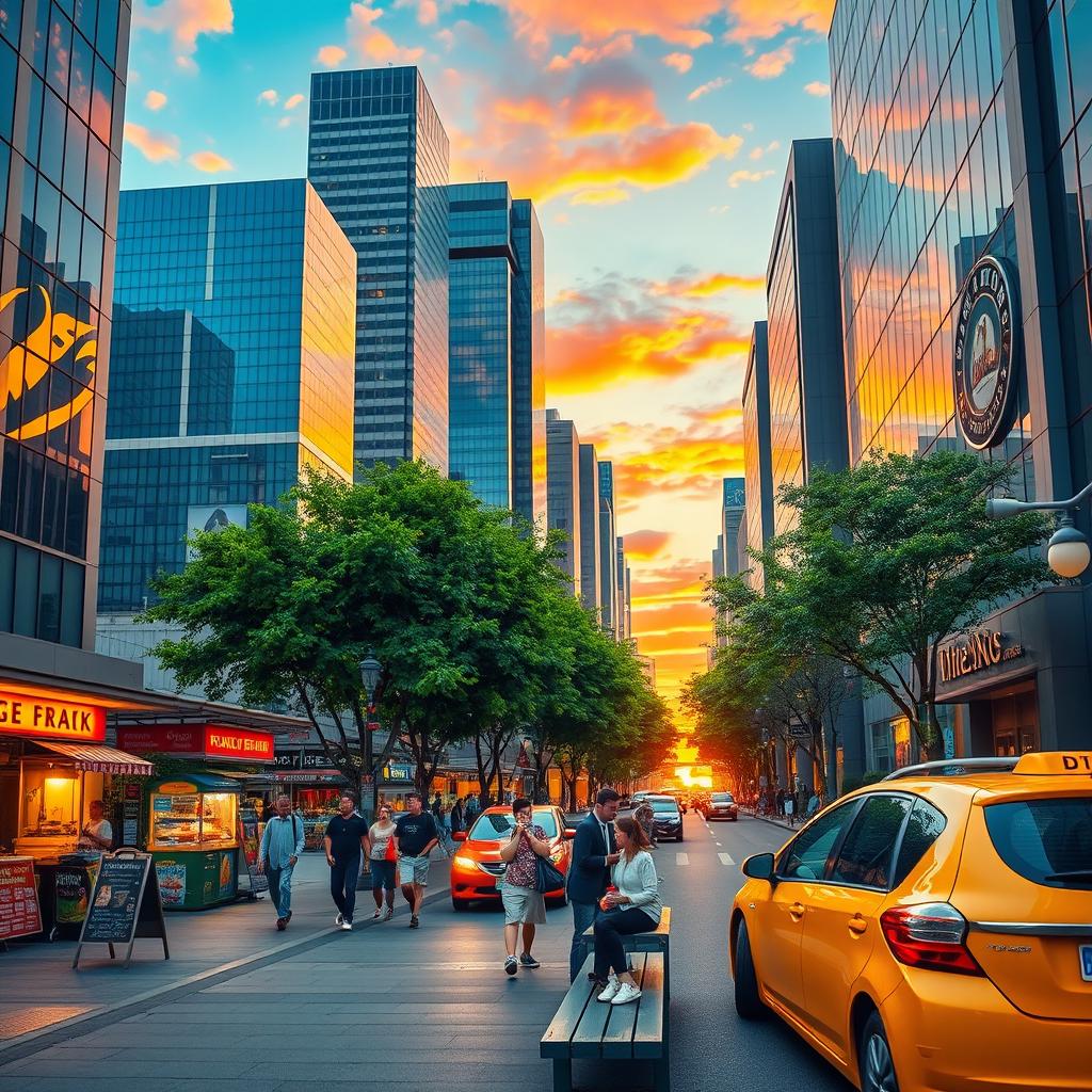 A photorealistic image of a bustling city street at sunset, with vibrant hues of orange and pink in the sky