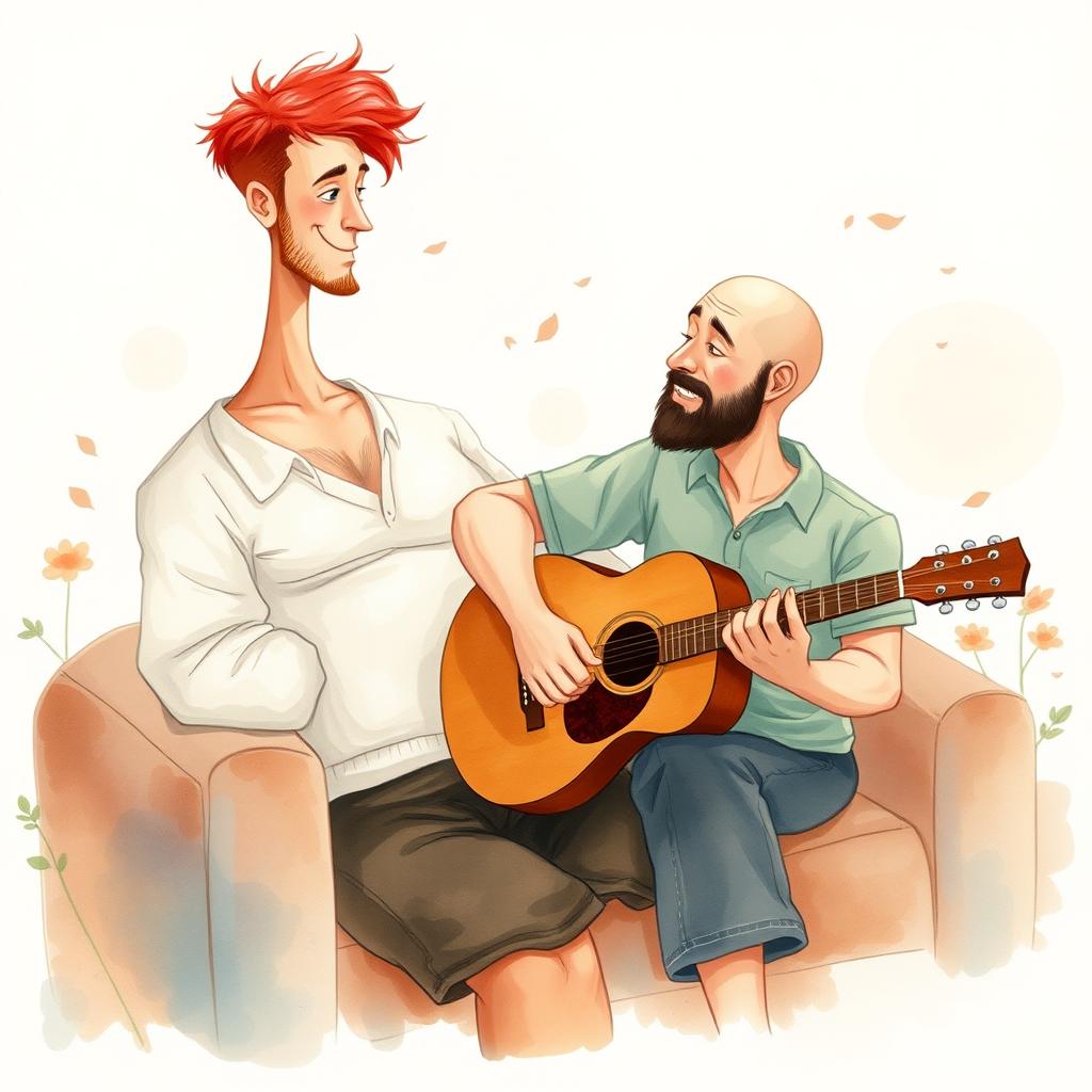 An aquarel artwork illustrating a large bald man sitting comfortably, engrossed in playing an acoustic guitar