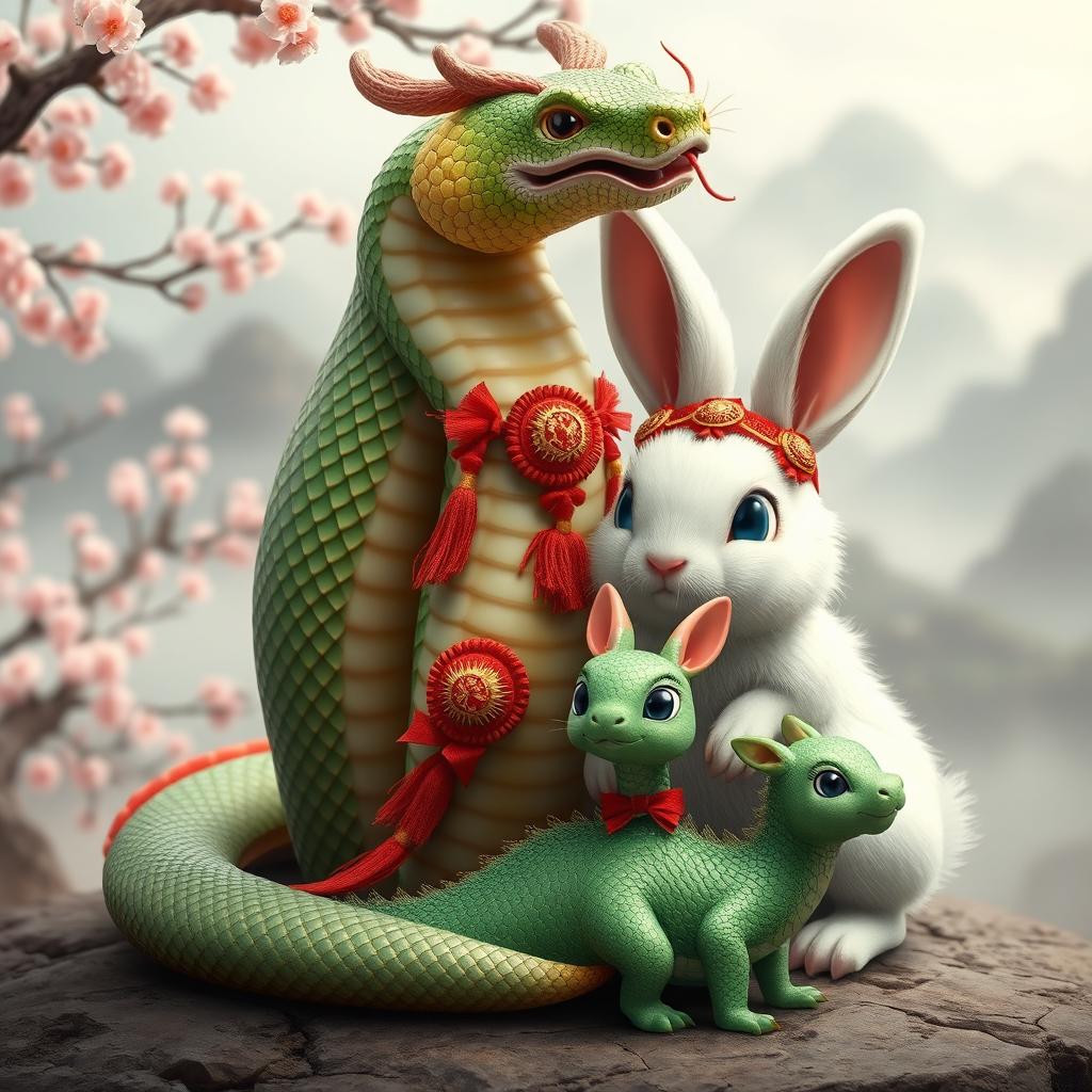 A Chinese snake and a Chinese rabbit stand protectively over a baby Chinese dragon