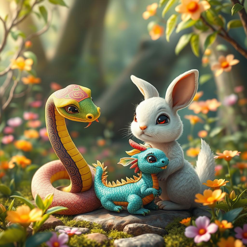 A whimsical scene featuring a Chinese snake and a Chinese rabbit standing protectively around a baby Chinese dragon