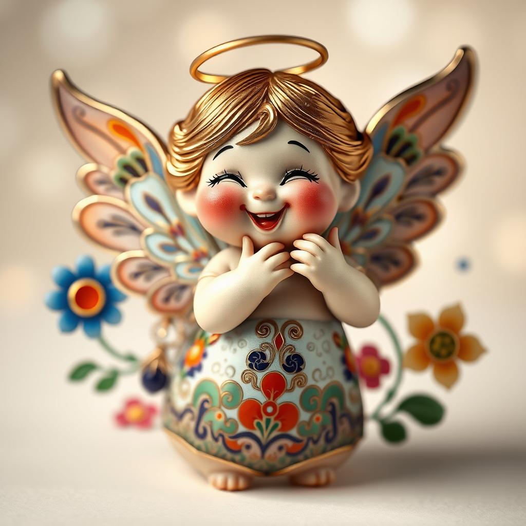 A whimsical angel figure playfully heckling, beautifully crafted in cloisonné enamel art