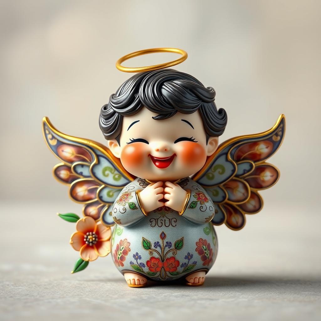 A whimsical angel figure playfully heckling, beautifully crafted in cloisonné enamel art on a flat surface