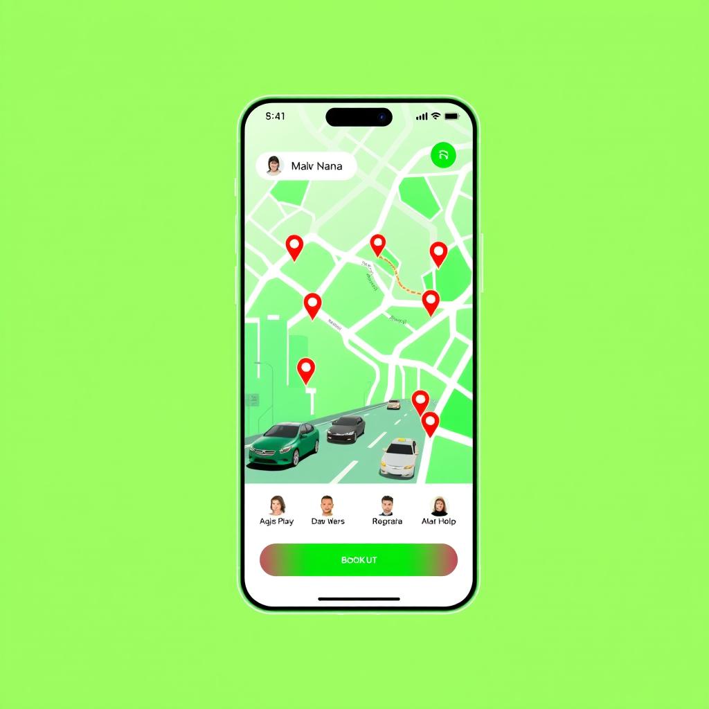 A vibrant and user-friendly mobile application interface for a ride-hailing service, featuring an easy-to-use map, a prominent booking button, and icons for various transportation options