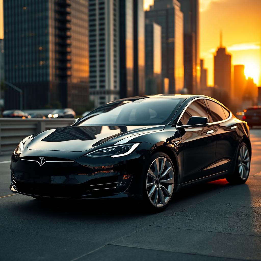Sleek Black Tesla in Urban Sunset | Modern Design & Eco-Friendly Luxury