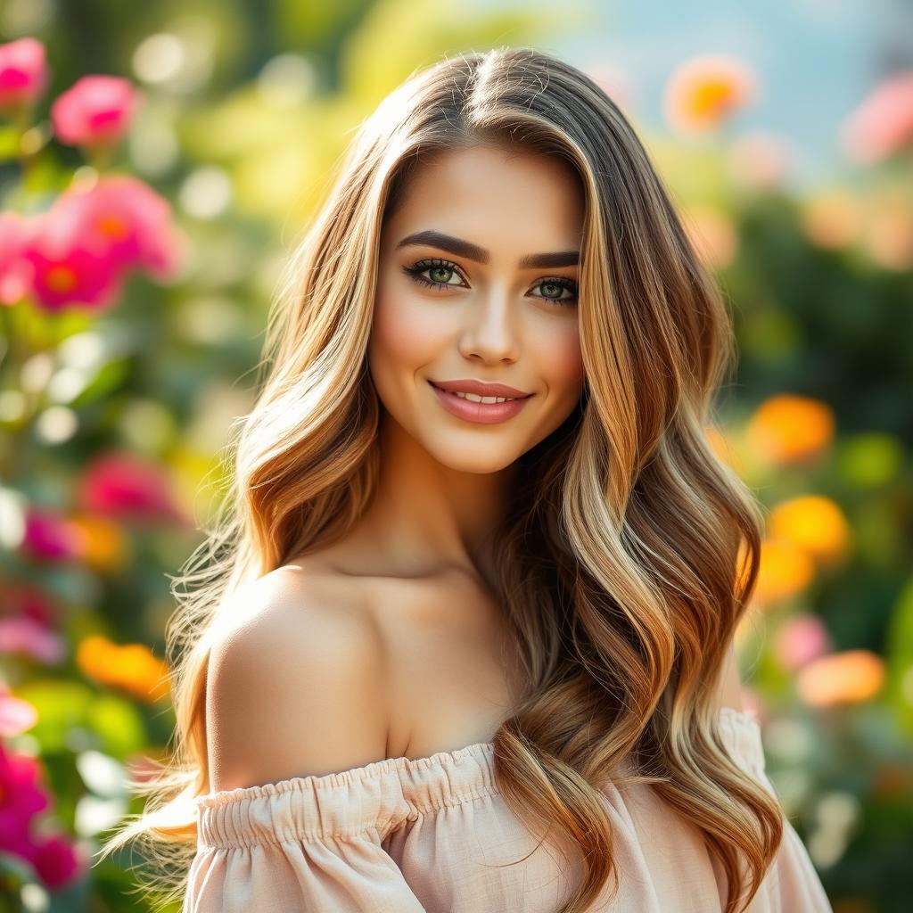 A beautiful portrait of a striking young woman with long wavy hair, wearing a stylish off-shoulder top
