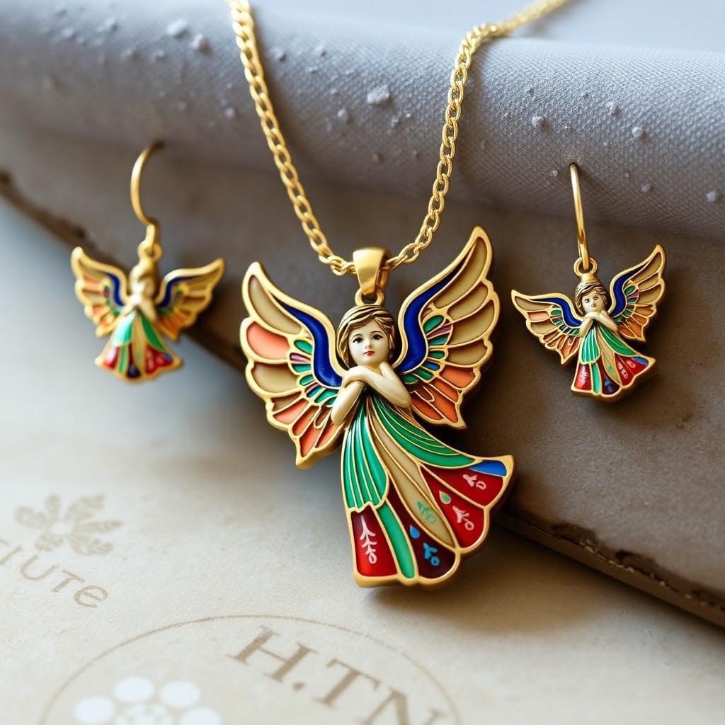 A stunning angel-themed necklace and earrings set, beautifully crafted in cloisonné enamel art, presented on a flat surface