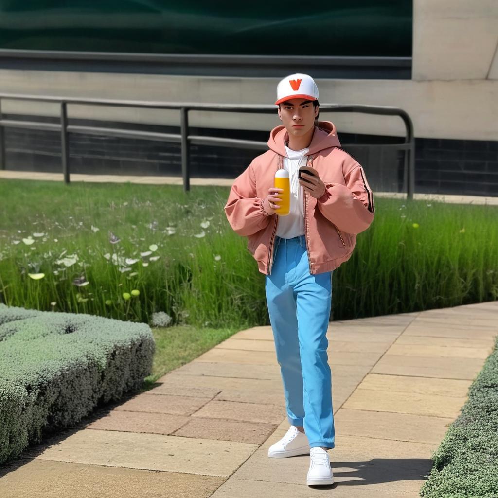 Crea una figura de muñeco coleccionable en un empaque estilo minimalista etiquetado como “Tu nombre” 
Básate en la foto para diseñar mi muñeco: piel clara, complexion “delgada" , utiliza unas zapatillas “blancas” , jeans azul y playera blanca con una chaqueta color coral con una gorra de NY roja