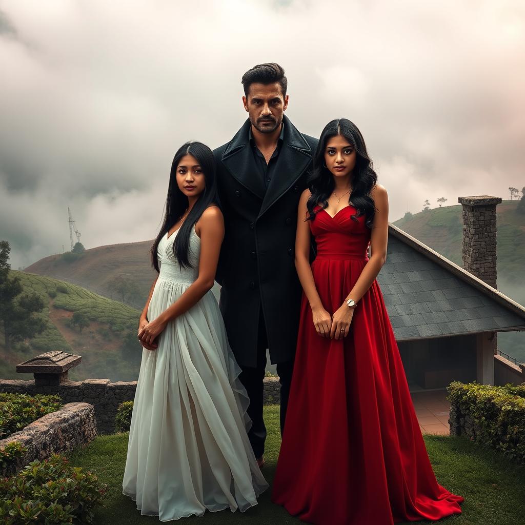 A captivating book cover set in the misty highlands of Nuwara Eliya, Sri Lanka, featuring two beautiful Sri Lankan girls and a mysterious man