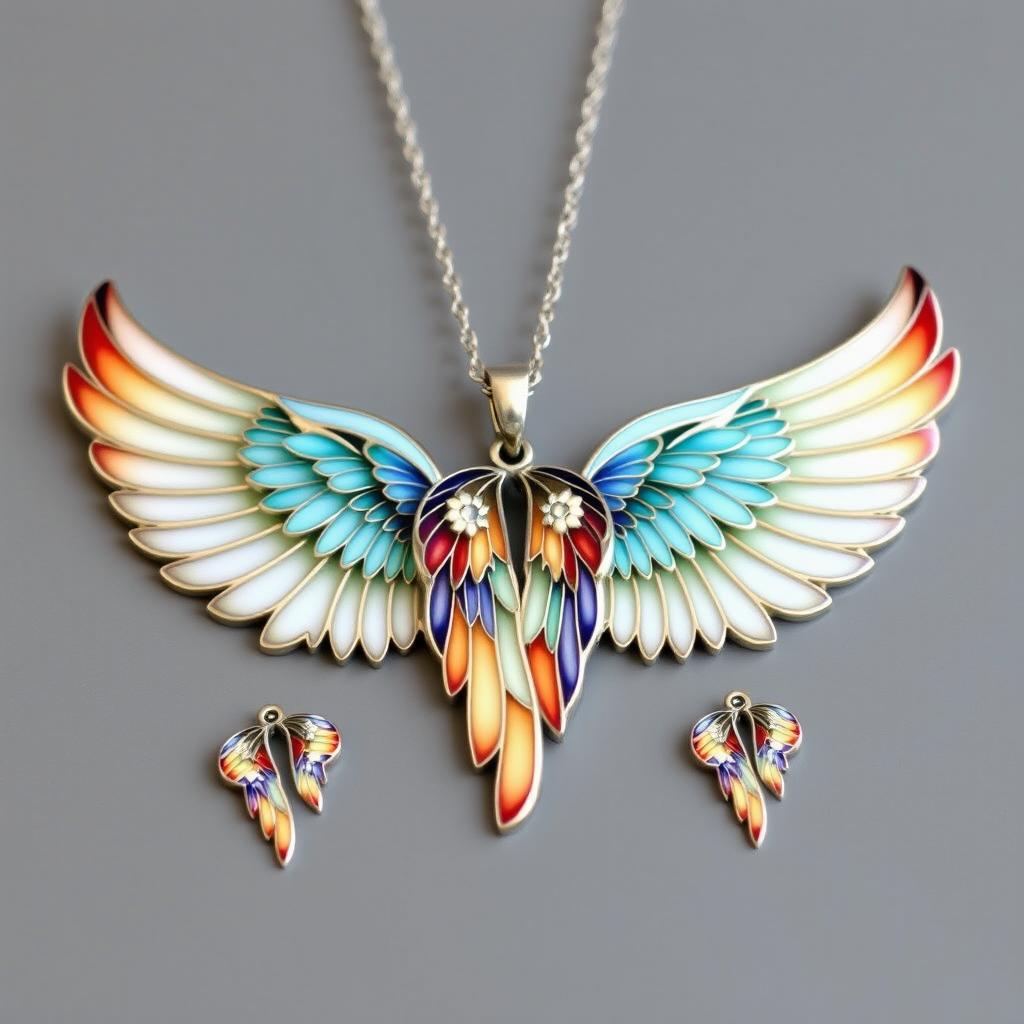 A beautiful angel wing-themed necklace and earrings set, exquisitely crafted in cloisonné enamel art, displayed on a flat surface