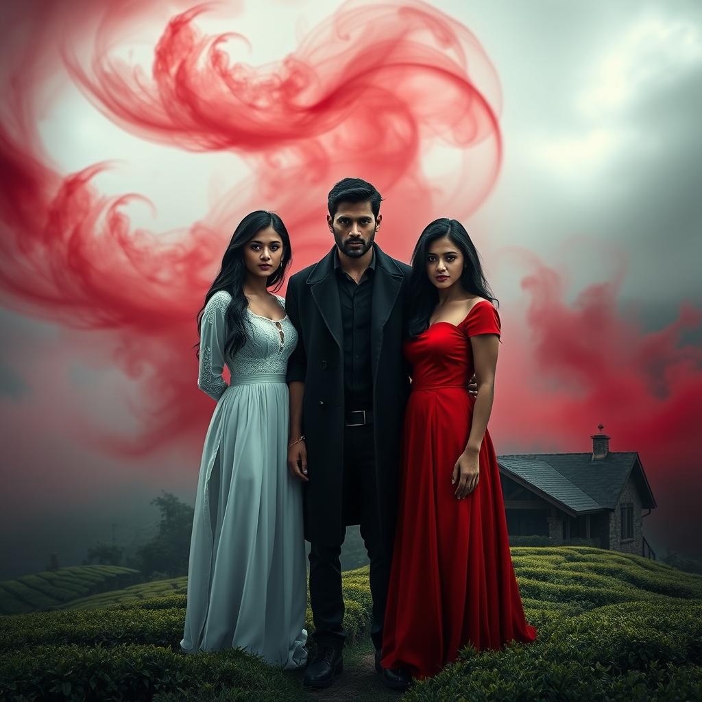 A dark romantic book cover set in the misty highlands of Nuwara Eliya, Sri Lanka, featuring two stunning Sri Lankan girls and a mysterious man