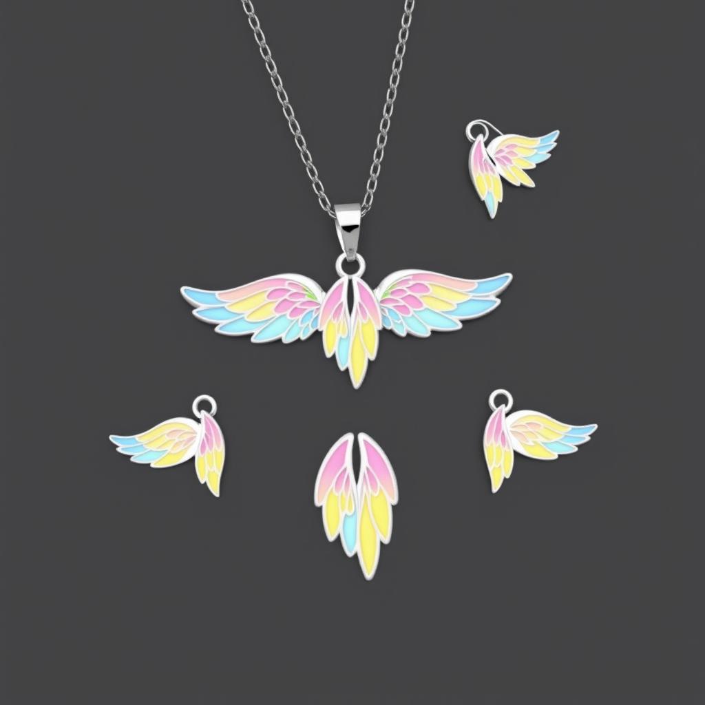 A charming angel wing necklace and earrings set, specially designed for kids, featuring cloisonné enamel art and displayed on a flat surface
