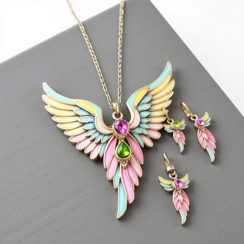 A delightful angel wing necklace and earrings set for kids, featuring exquisite cloisonné enamel art and adorned with colorful stones