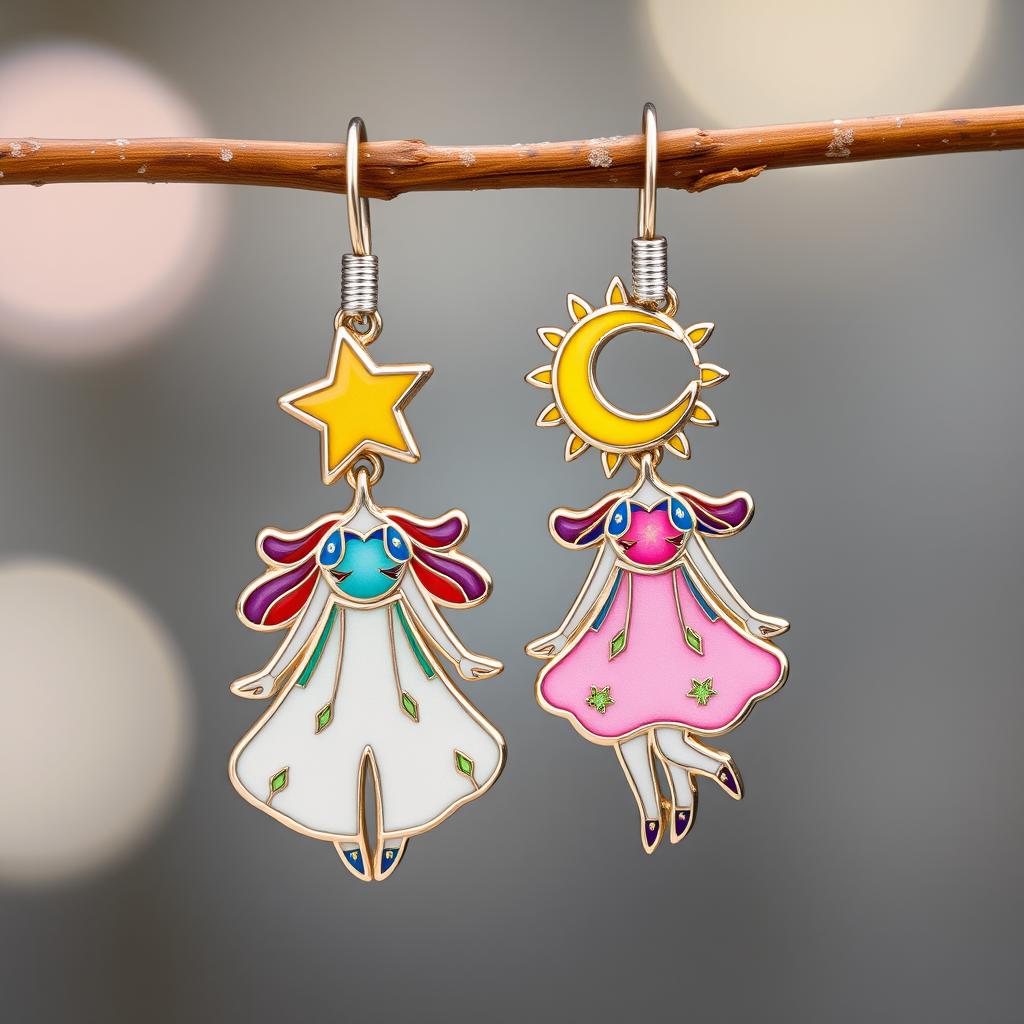 A whimsical and colorful pair of children's earrings designed in the style of cloisonné enamel art, featuring a dreamy childlike figure