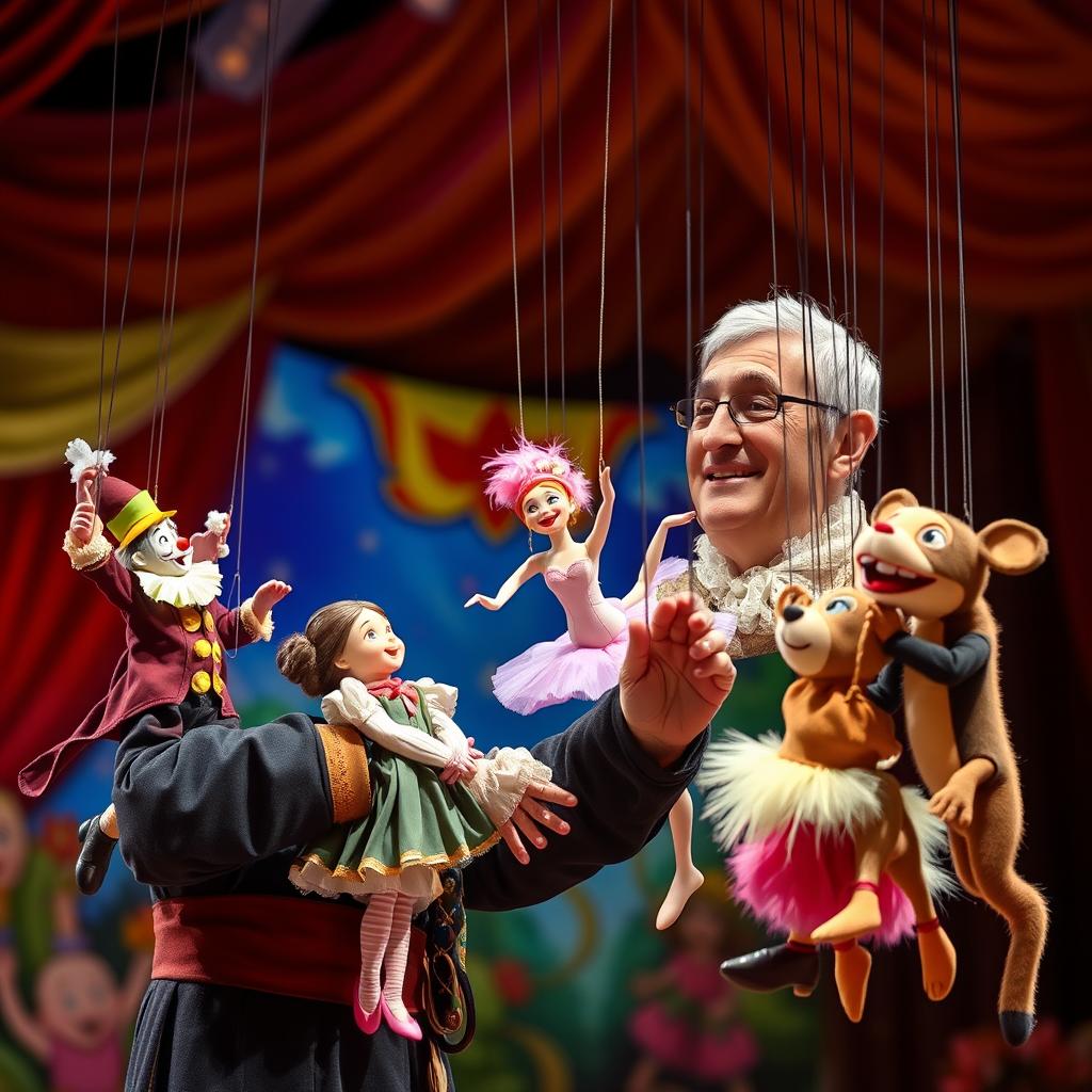 A skilled puppeteer performing on stage, showcasing a colorful puppet show