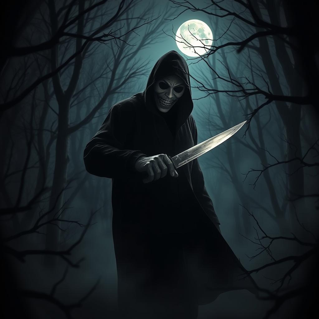 A terrifying slasher character emerging from the shadows in a dark, eerie forest, wearing a grim mask and holding a gleaming knife, surrounded by fog and dimly lit trees
