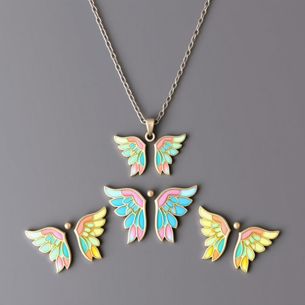 A charming angel wing necklace and earrings set, specially designed for kids, featuring cloisonné enamel art and displayed on a flat surface