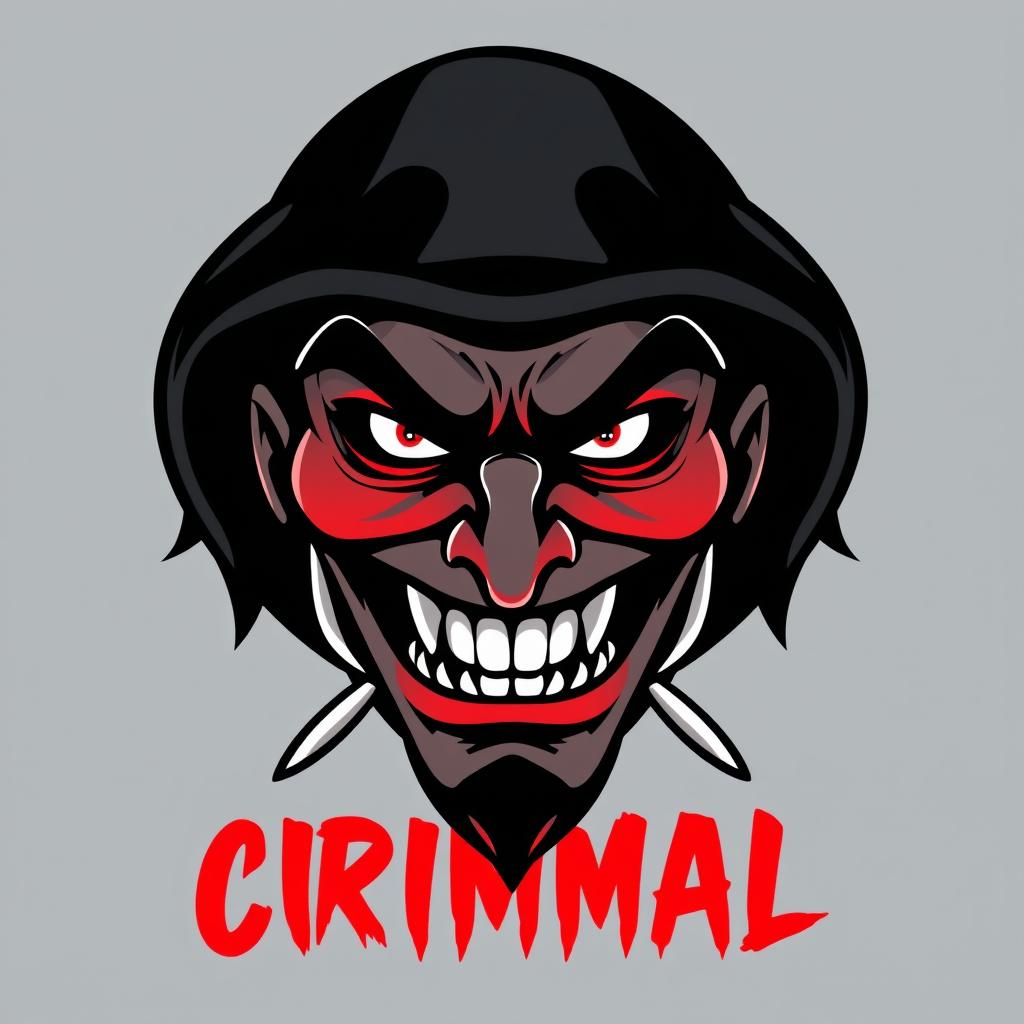 A striking and bold logo design featuring a stylized criminal face