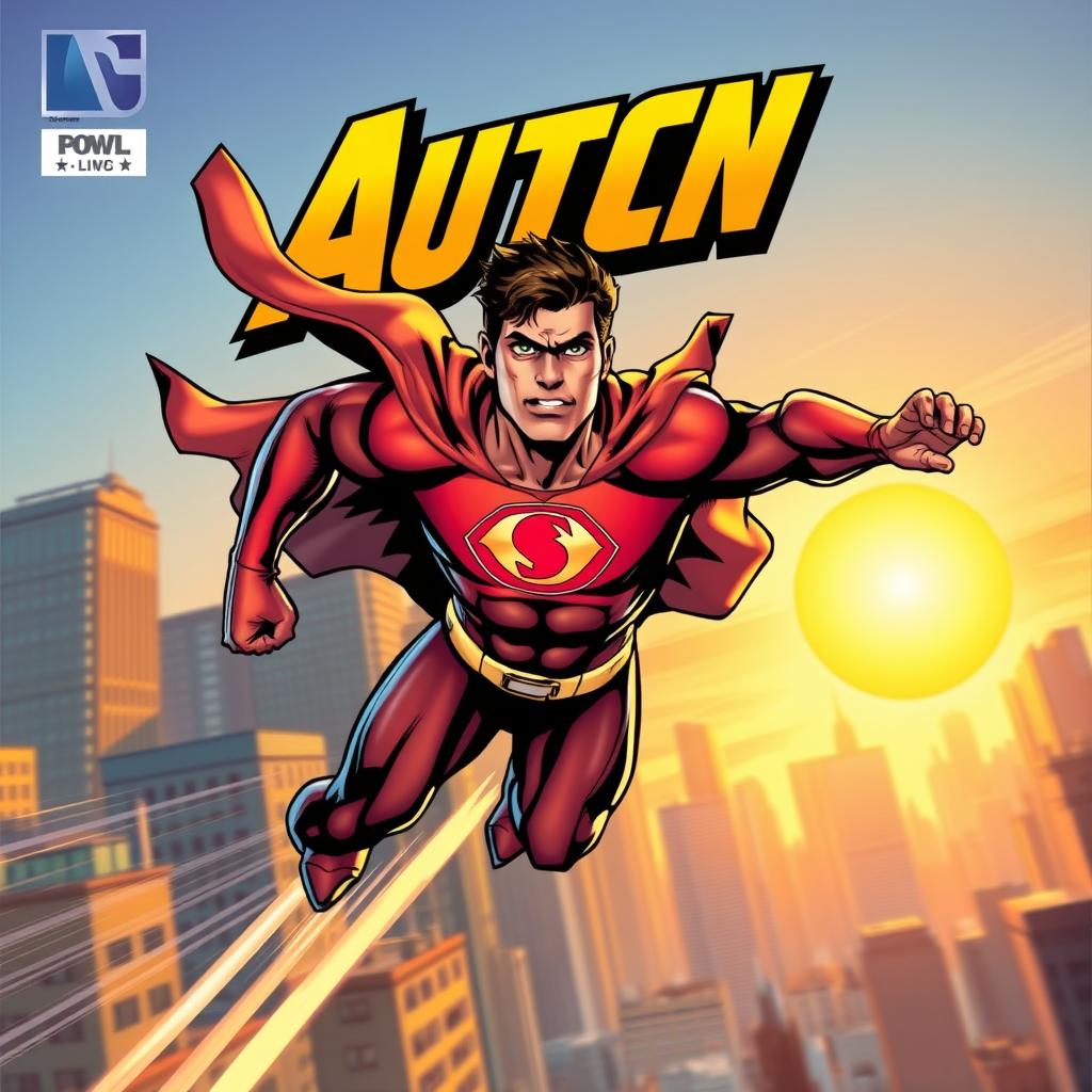 A dynamic comic book cover featuring a heroic superhero in mid-action