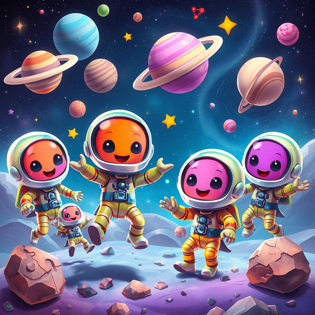 A futuristic scene featuring AstroNads, which are anthropomorphic, cartoonish humanoid creatures with exaggerated features like oversized heads and playful expressions