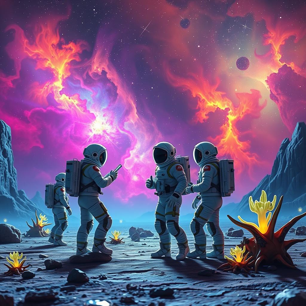 A group of astronauts in futuristic space suits, standing on the surface of an alien planet with a dramatic, colorful nebula in the background