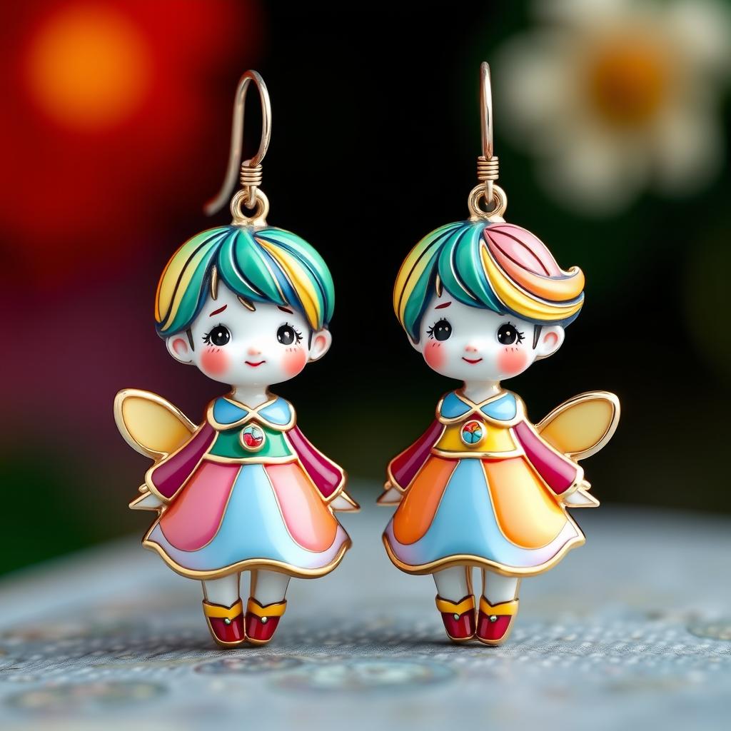 A whimsical and colorful pair of children’s earrings designed in the style of cloisonné enamel art, featuring a dreamy childlike figure