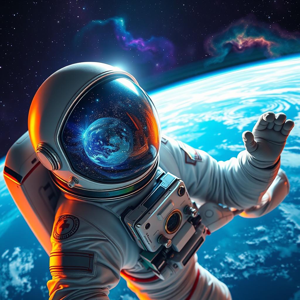 An astronaut floating in space, beautifully detailed with a reflective helmet glowing with stars and galaxies, wearing a futuristic and sleek spacesuit that features vibrant colors and intricate technology