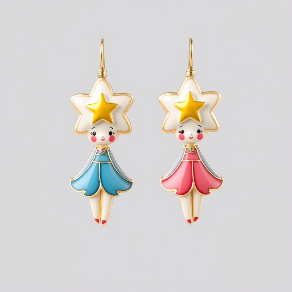 A whimsical and colorful pair of children's earrings designed in the style of cloisonné enamel art, featuring a dreamy childlike figure