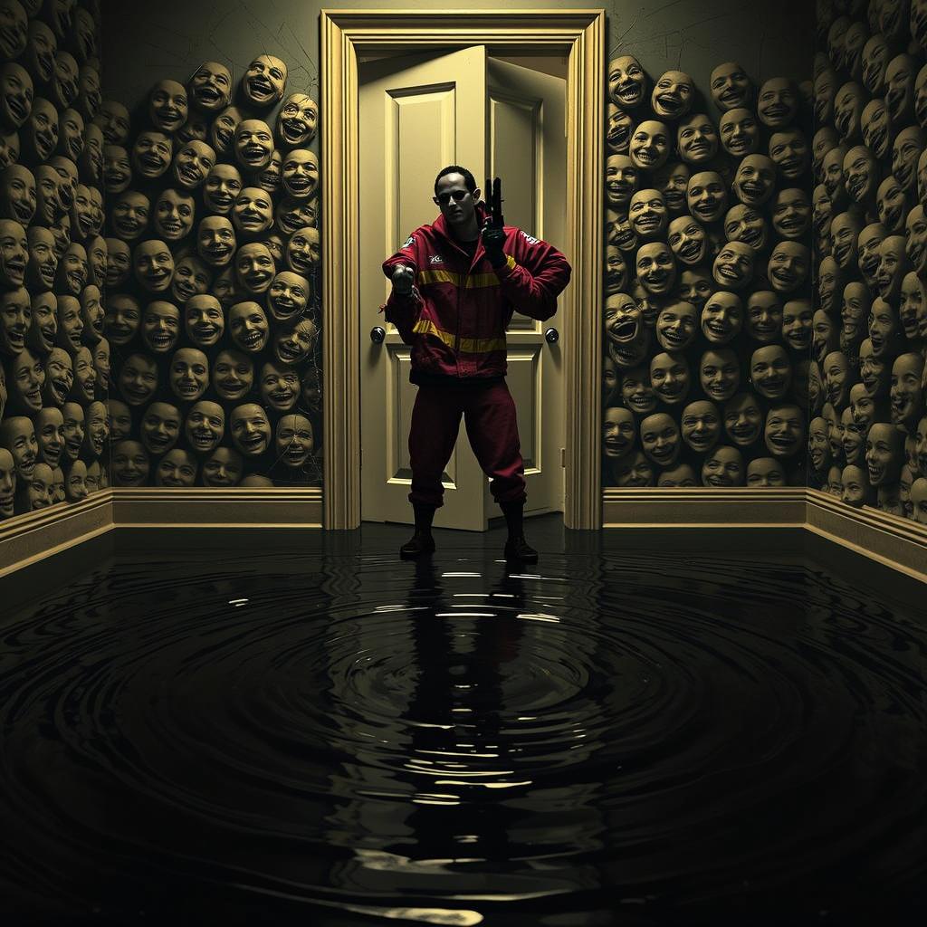A surreal and haunting scene depicting a figure standing at the entrance of a dimly lit room with a mysterious door slightly ajar