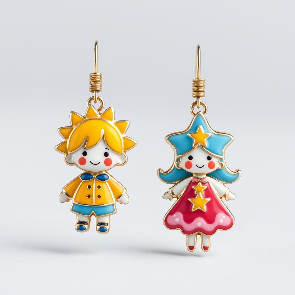 A whimsical and colorful pair of children's earrings designed in the style of cloisonné enamel art, featuring two dreamy childlike figures