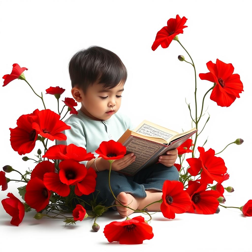 A serene scene depicting a child reading the Quran with deep concentration, surrounded by vibrant red flowers blooming in a white background