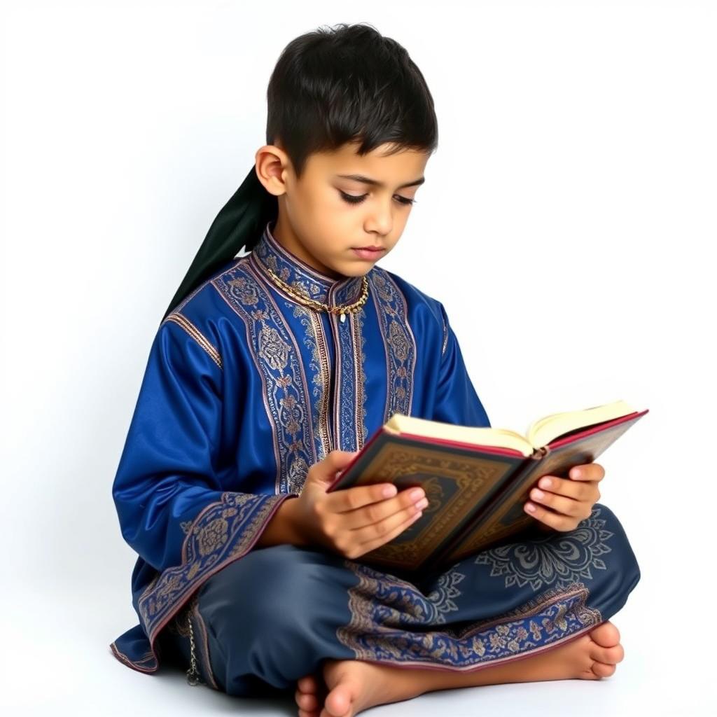 A young boy dressed in traditional Quranic attire, sitting gracefully against a white background, deeply engrossed in reciting the Quran