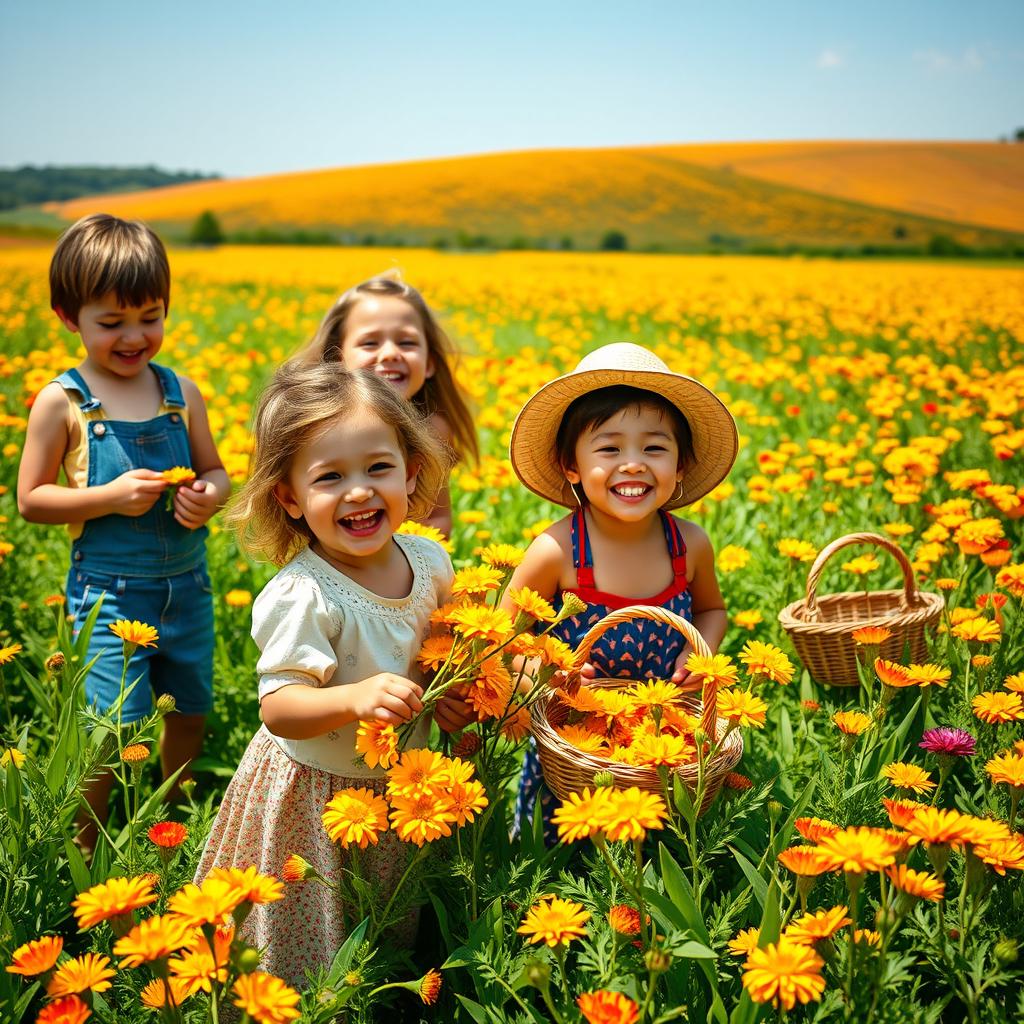 A vibrant and lively scene depicting children joyfully gathering wild marigold (marcela) flowers in a lush green field