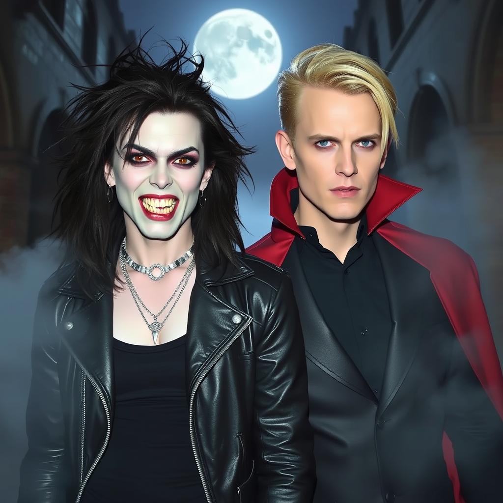 Two humans transformed into vampires inspired by 80s movies, with pale skin, sharp fangs, and dramatic eye makeup