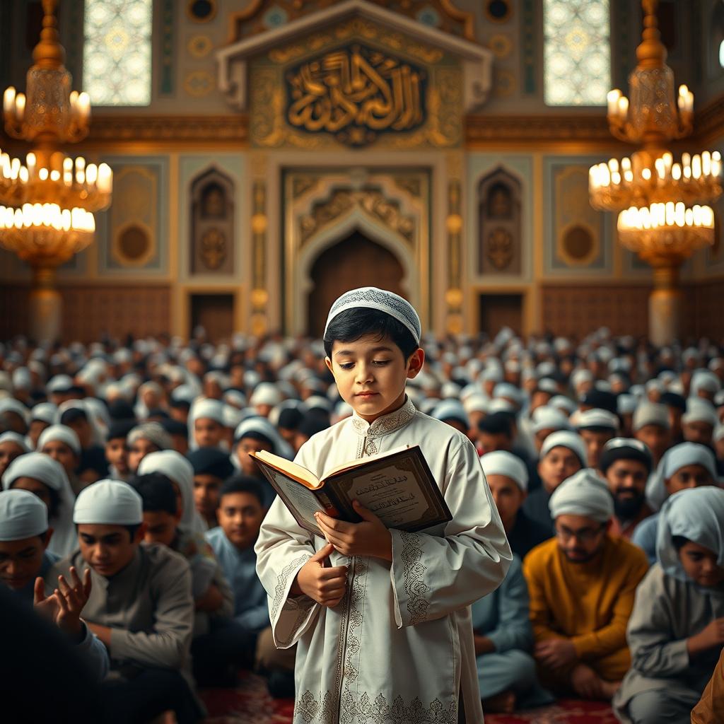 In a realistic setting of a large Quranic gathering, a young boy dressed in traditional Quranic attire is reciting the Quran with passion and focus