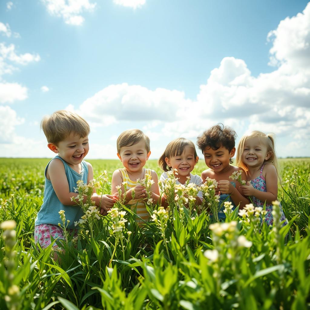 A delightful scene featuring children joyfully interacting with Achyrocline satureioides, a lovely herb with delicate, small white flowers and narrow, green leaves
