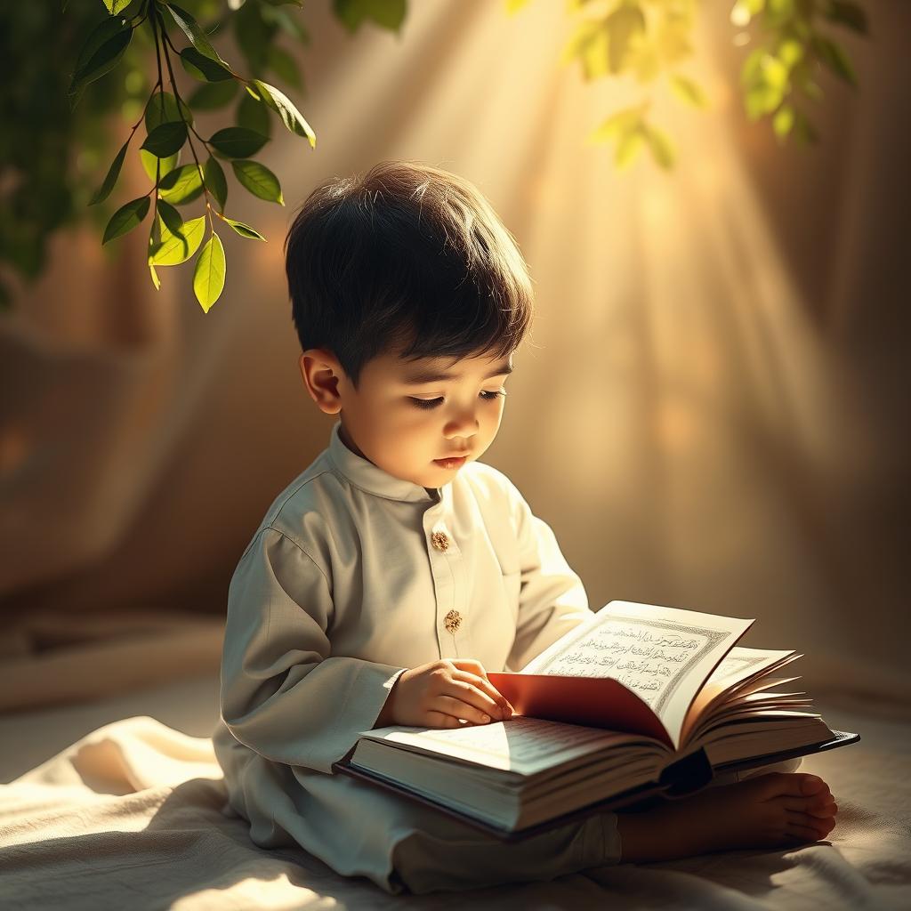 A spiritual atmosphere depicting a child engrossed in reading the Quran, surrounded by serene and tranquil elements