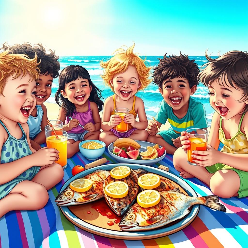 A vibrant and lively scene depicting a group of children enjoying a sunny day at a seaside picnic, joyfully eating delicious grilled fish
