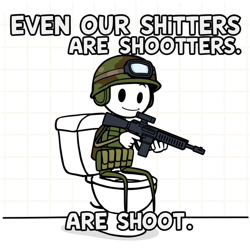 A stick figure cartoon character wearing military gear, complete with a helmet and camouflage patterns, sitting on a toilet while aiming a toy weapon