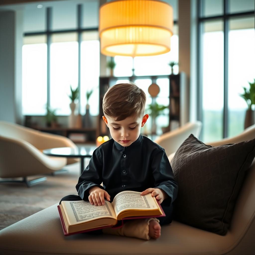 In a modern and contemporary space, a child is seen reading the Quran, surrounded by sleek, minimalist furniture and soft, ambient lighting