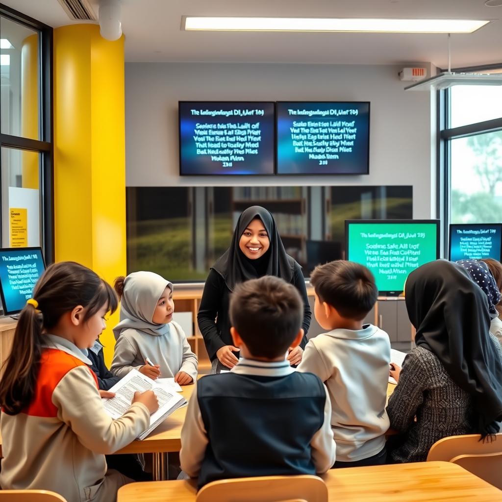 Inside a modern school classroom, a group of children is engaged in learning the Quran