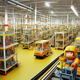 A 'Where's Waldo?' inspired scene of a bustling toy factory at peak operation. Dolls, cars, planes, and puzzles are being assembled by diligent workers, transported on conveyor belts, and meticulously inspected for quality.