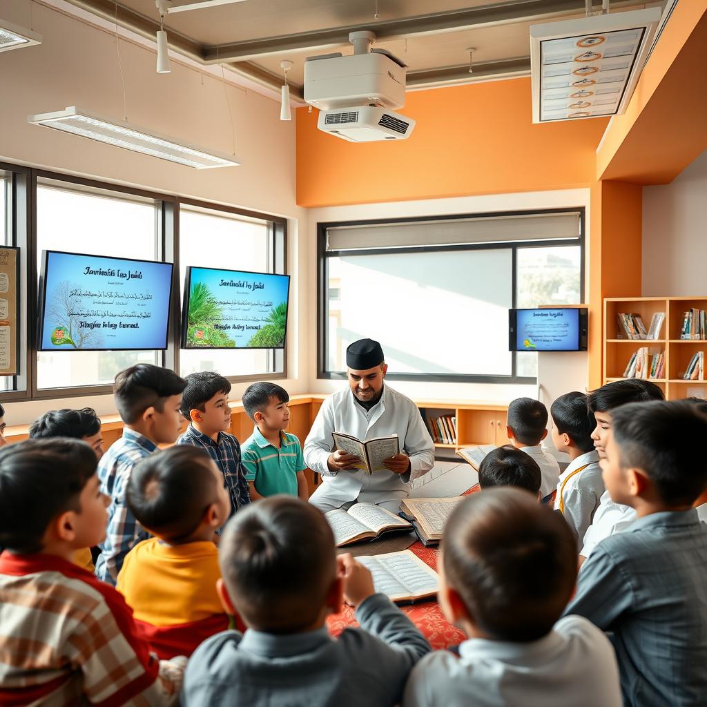 Inside a modern school classroom, a group of young boys is attentively learning the Quran under the guidance of a male Quran teacher