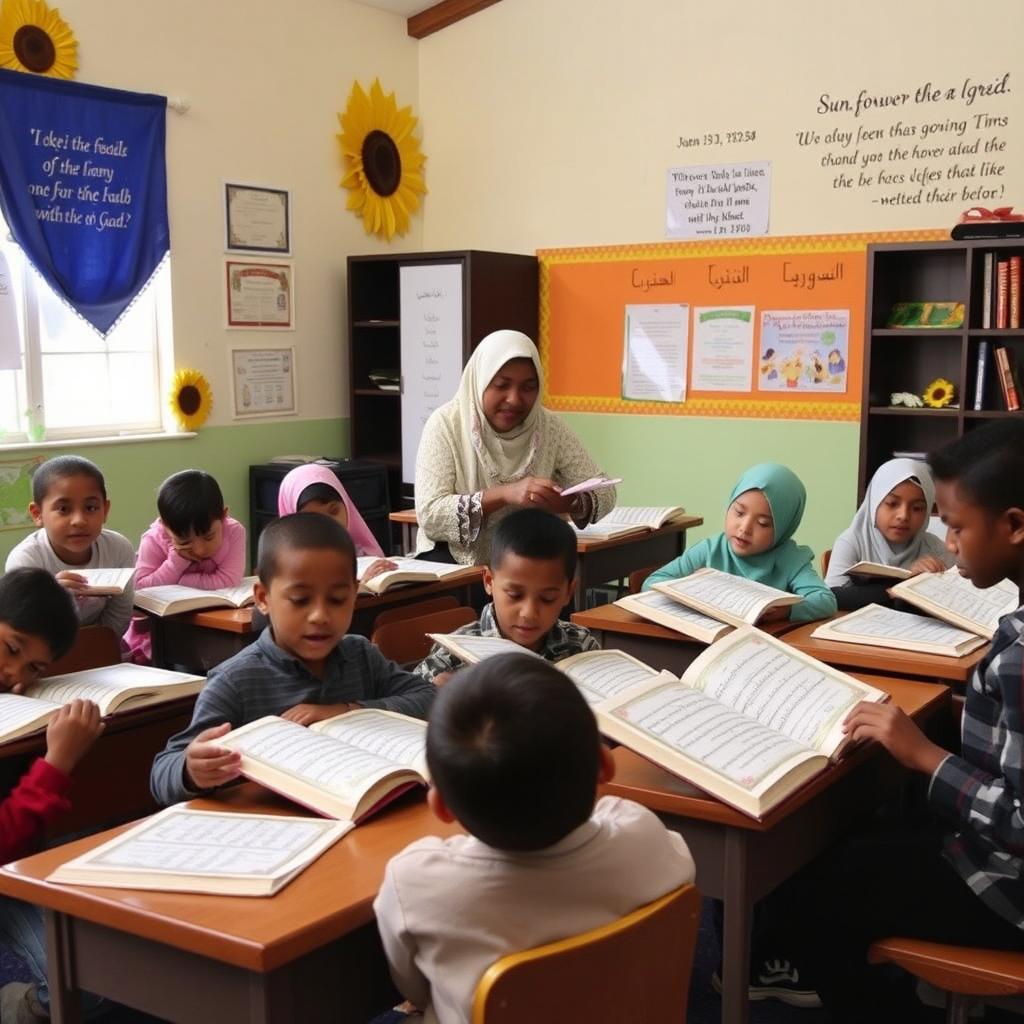 In the Sunflower Quran center, students are actively engaged in learning and reading the Quran during their class session